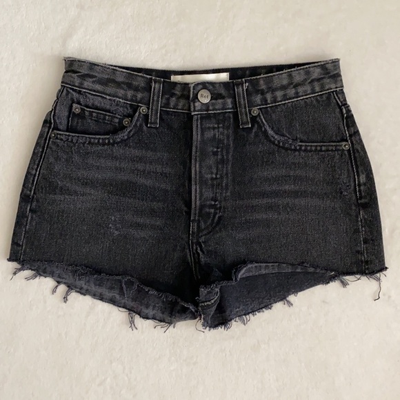 Reformation | High Rise Button Fly Raw Hem Denim Jean Shorts LY864 Black/Gray 24 - Picture 1 of 13